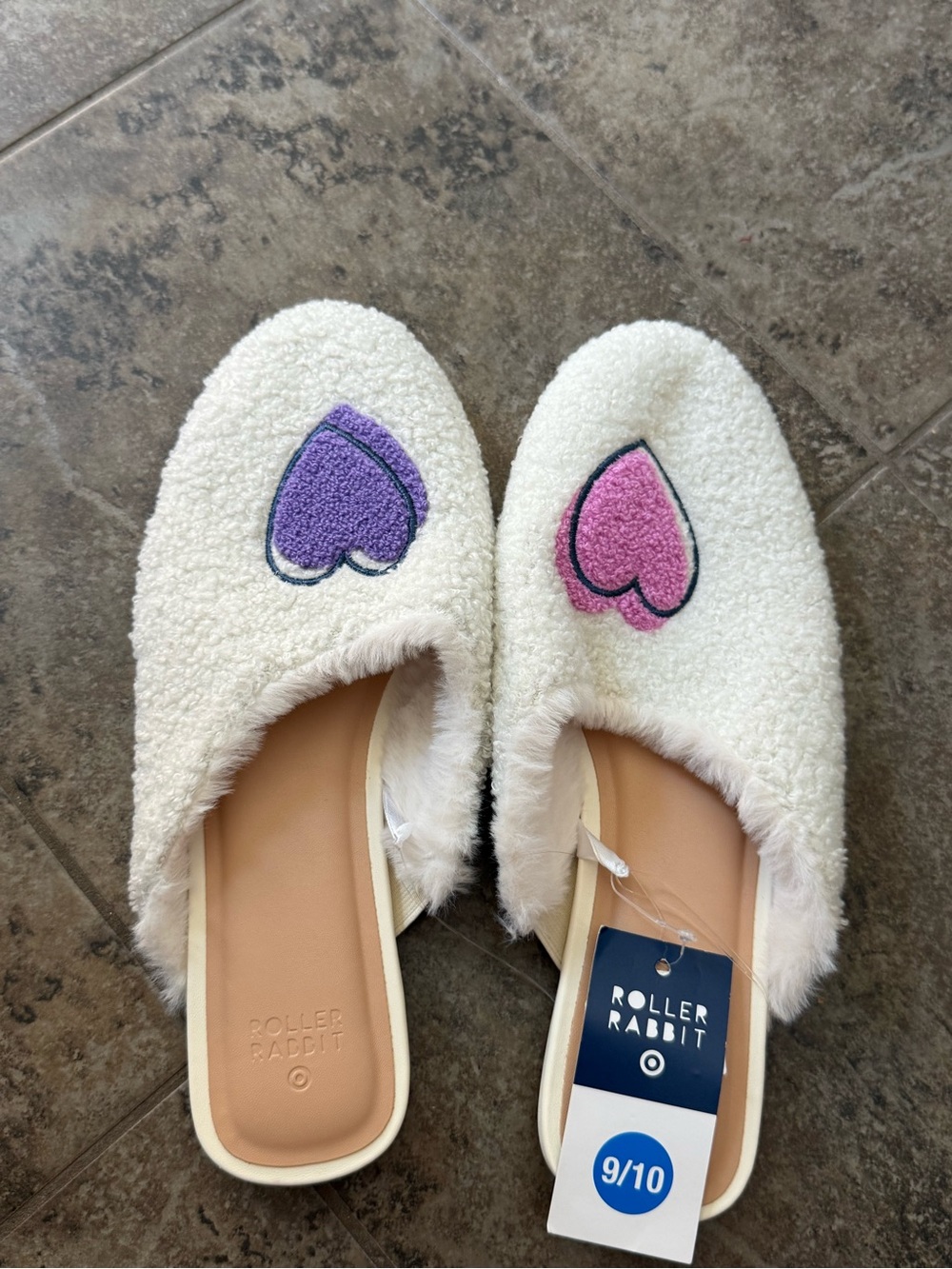 🍭Roller Rabbit Cream Plush Slip-On Slippers with Pink & Purple Hearts